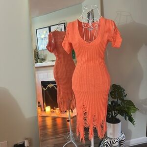 Fashion Nova Distressed Sweater Mini Dress - Neon Orange